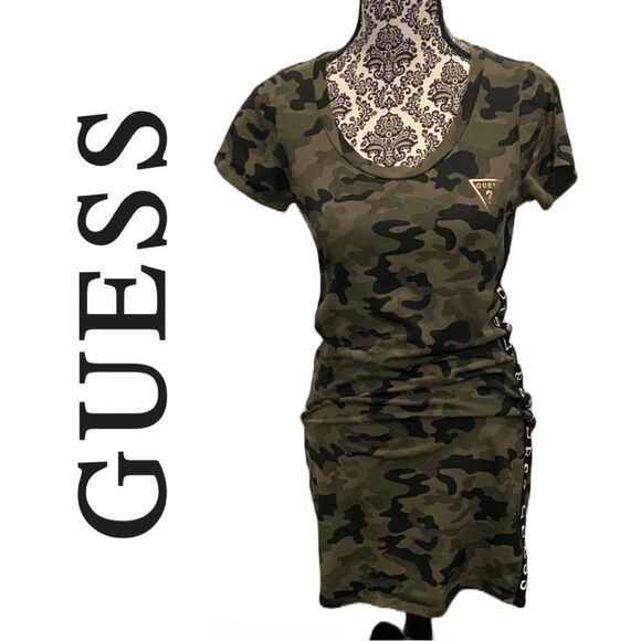 Guess Women’s Logo Tuxedo Striped Camo Round Neck Short Sleeve Dress - Size L - Picture 2 of 3